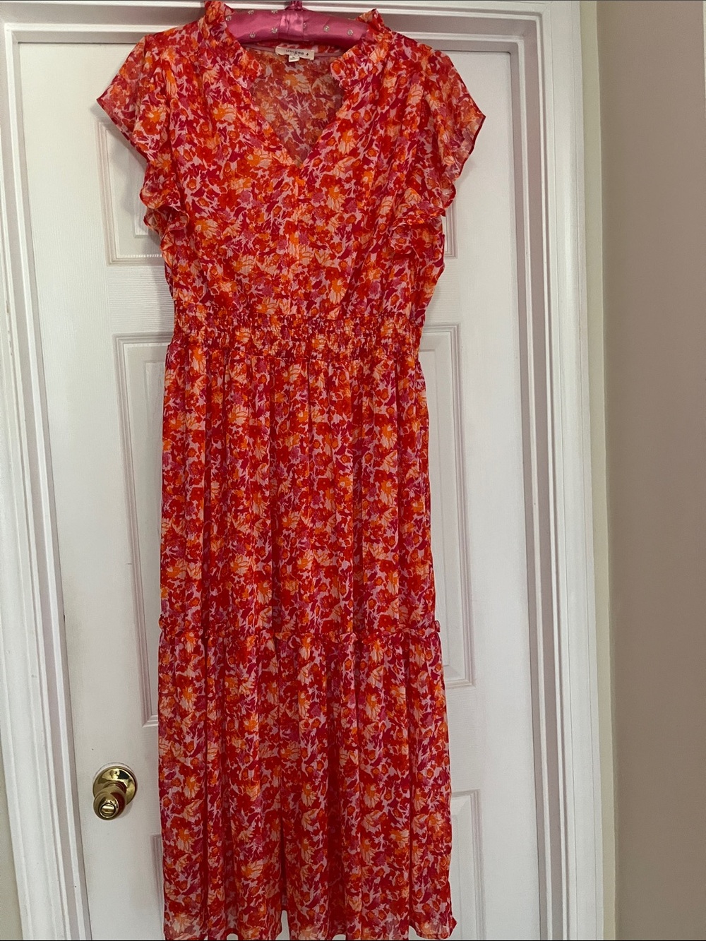 Umgee Floral V-Neck Maxi Dress in Red and Orange